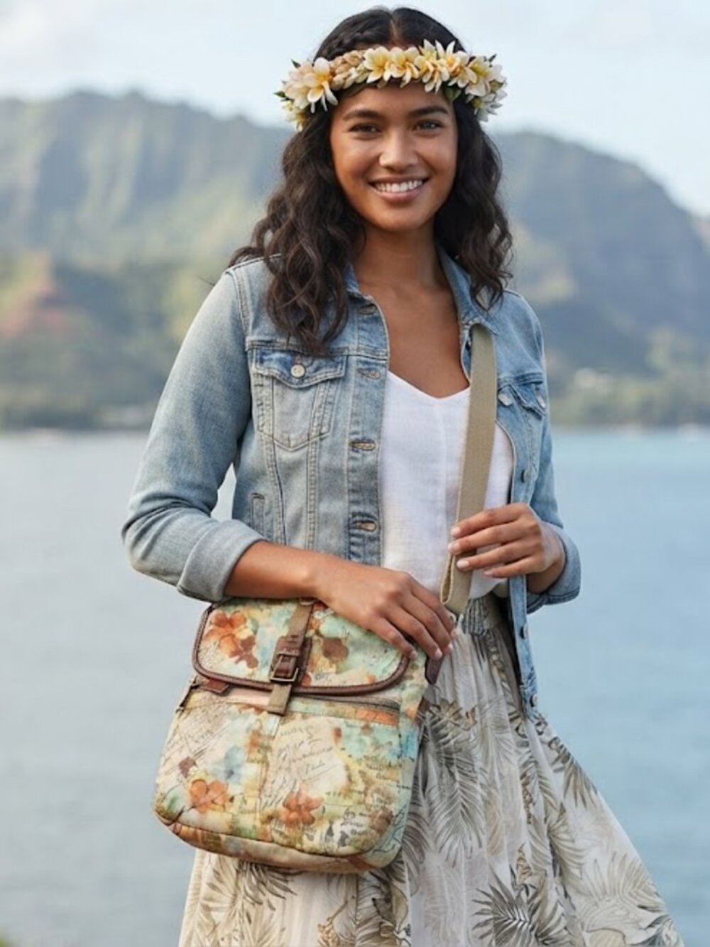 Rare Vintage Fossil Antique Map & Floral Print Crossbody - EUC